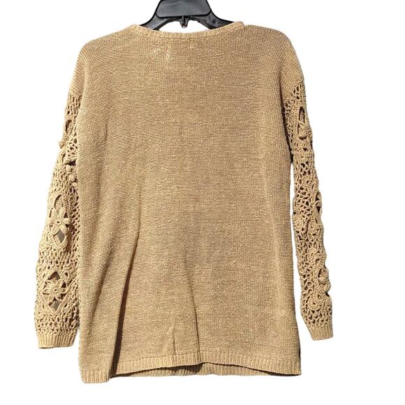 All Points by Reference Point Crochet Knit Front Sweater Round Neck Tan Womens M - Picture 4 of 9